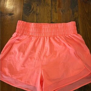 Orange and Pink Athletic Shorts with Elastic Waistband and Lightweight Fabric